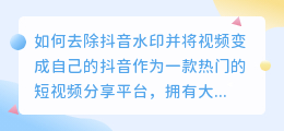 如何去除抖音水印并将视频变成自己的(抖音去水印然后发成自己的)