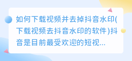 如何下载视频并去掉抖音水印(下载视频去抖音水印的软件)