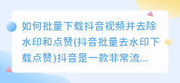 如何批量下载抖音视频并去除水印和点赞(抖音批量去水印下载点赞)