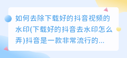 如何去除下载好的抖音视频的水印(下载好的抖音去水印怎么弄)