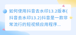 如何使用抖音去水印13.2版本(抖音去水印13.2)